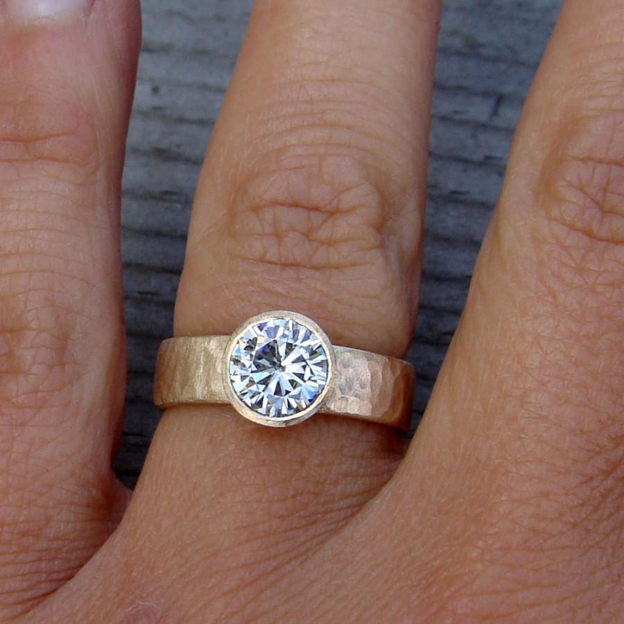 زفاف - Moissanite Wedding, Engagement, or Right Hand Ring - Forever One G-H-I Moissanite with Recycled 14k Yellow Gold, Hammered, Made To Order