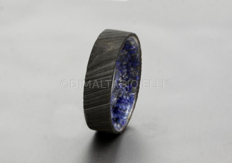 Mariage - Lapis Lazuli ring Damascus steel flat band black wedding ring mens wedding band raw stone man woman size 3 to 16