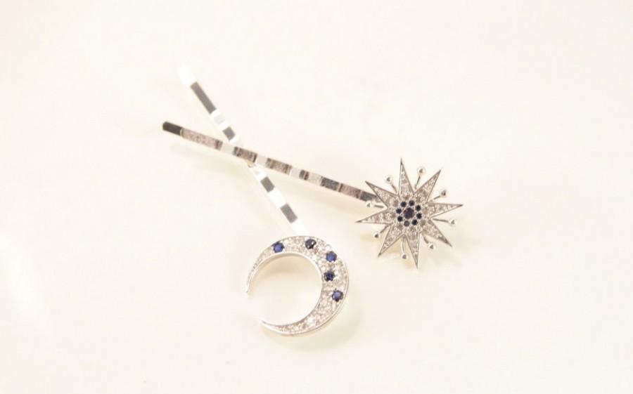 زفاف - Star Hair Pins, Moon Hair Clip, Starry Night Hair Pins, Blue Bridal Hair Pins, Moon Hair Pins, Star Hair Accessories, Celestial Head Piece