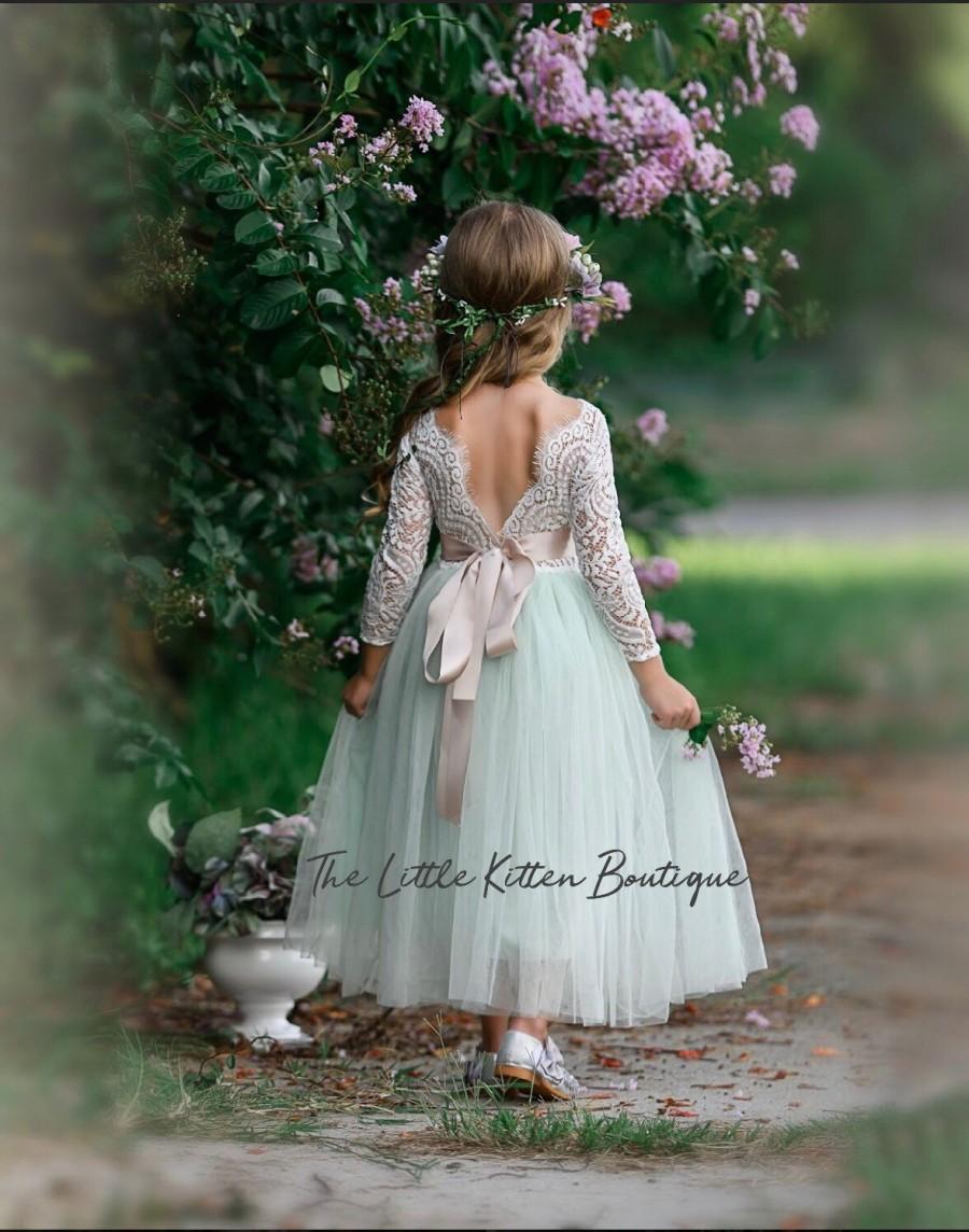 Wedding - tulle flower girl dress, rustic lace flower girl dresses, long sleeve flower girl dresses, boho flower girl dress, ivory flower girl dress