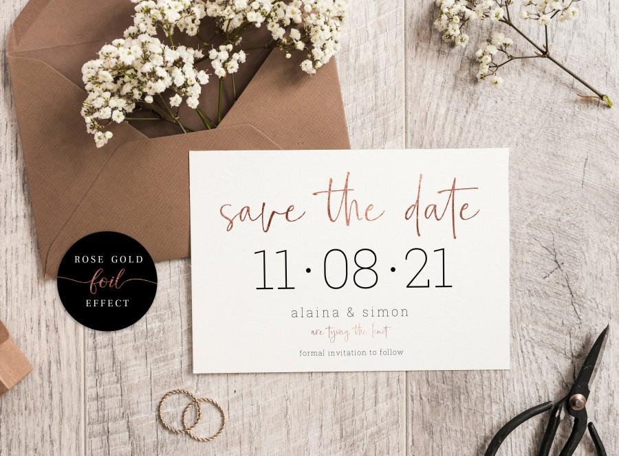 Hochzeit - Printable Save the Date Template // Editable Wedding Save the Date // Rose Gold Foil Effect // Minimalist // DIY Wedding // Download