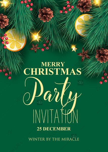 Wedding - Merry Christmas party invitation green fir tree, pine cone, cranberry, orange, banner template PDF 5x7 in invitation editor