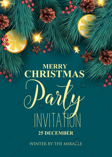 زفاف - Merry Christmas party invitation blue fir tree, pine cone, cranberry, orange, banner template online maker