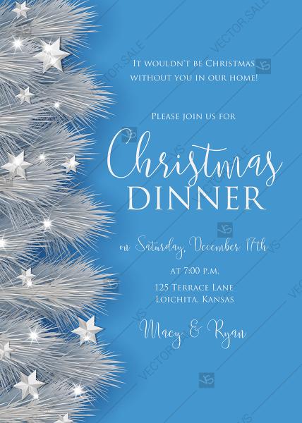 Hochzeit - Merry Christmas party invitation silver blue fir tree, pine cone, cranberry, orange, banner template PDF 5x7 in instant maker