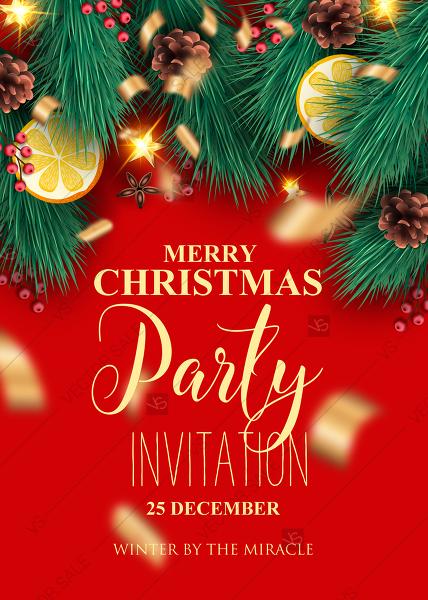 زفاف - Merry Christmas party invitation ted green fir tree, pine cone, cranberry, orange, banner template PDF 5x7 in online maker