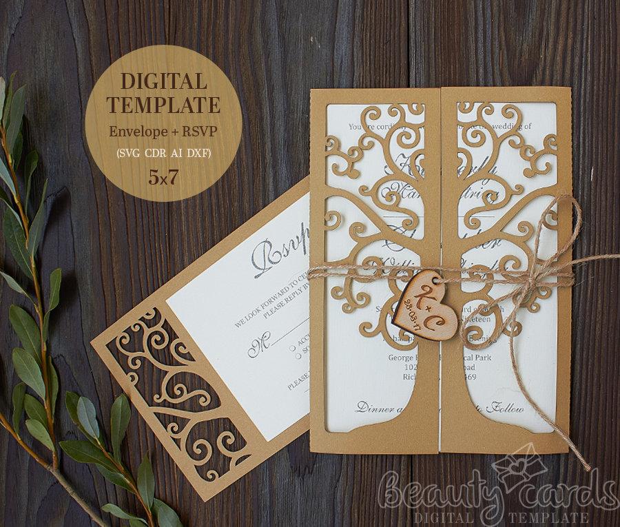 زفاف - Tree Wedding Invitation template SVG + RSVP Card laser cut cricut (ai svg dxf cdr) vector file, rustic invitation envelope Digital Download