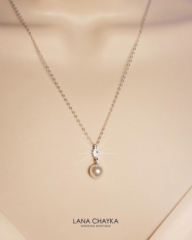 Mariage - White Pearl Sterling Silver Bridal Necklace, Single Pearl Drop Wedding Necklace, Swarovski 8mm White Pearl Dainty Necklace, Bridal Jewelry