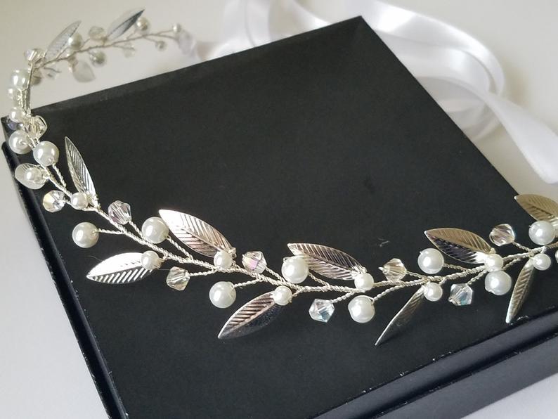 Hochzeit - Bridal Hair Vine, White Pearl Leaf Headpiece, Wedding Pearl Hair Piece, Pearl Silver Wreath, Silver Leaves Headpiece, Bridal Hair Jewelry
