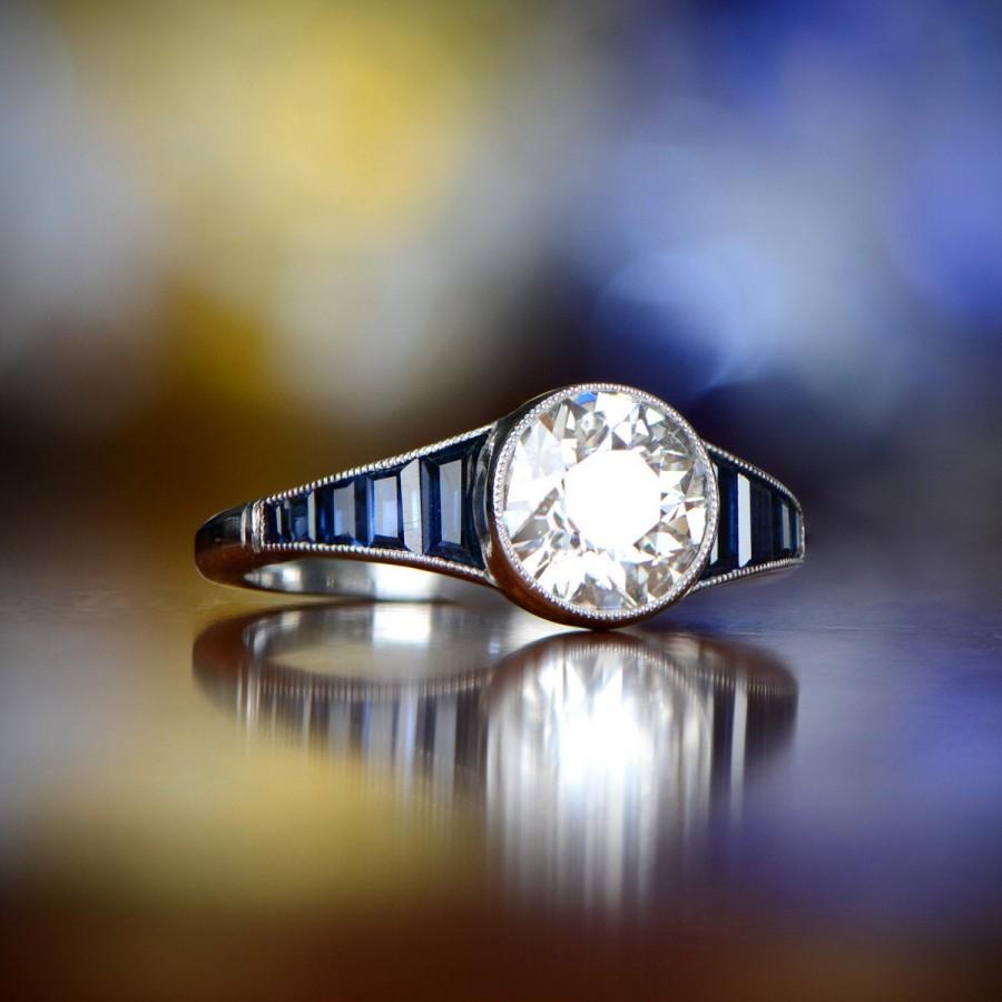 زفاف - Old European Diamond Engagement Ring - 1.40 Carats with Sapphire Accent - Platinum Art Deco Ring