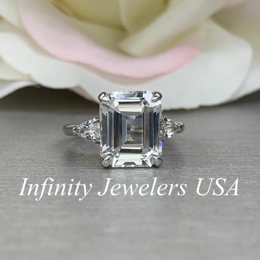 Hochzeit - Certified Moissanite Emerald Cut Engagement Ring With Pear Accents In 14k White Gold