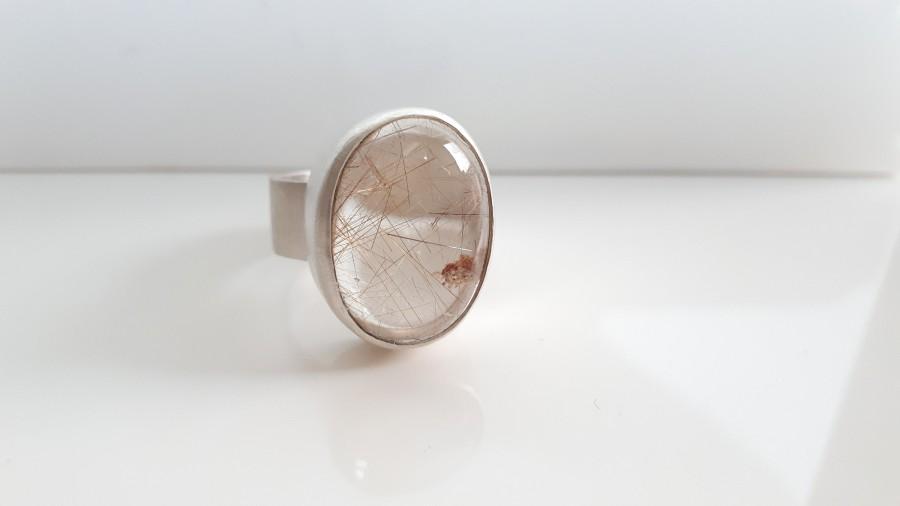 زفاف - Silver gem ring with rutile quartz cabochon