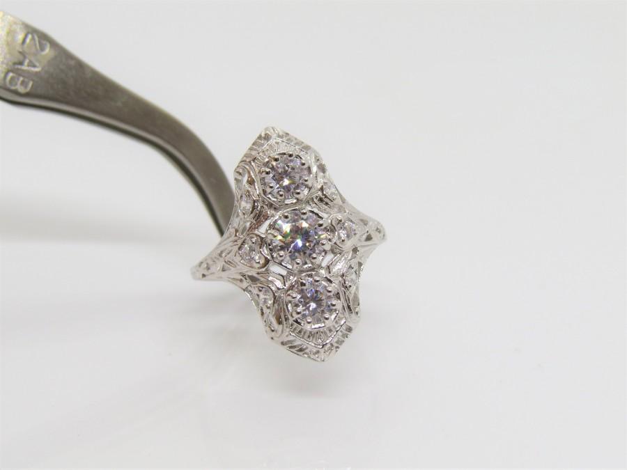 Hochzeit - Vintage Sterling Silver White Sapphire Created Three Stone Filigree Ring Size 7