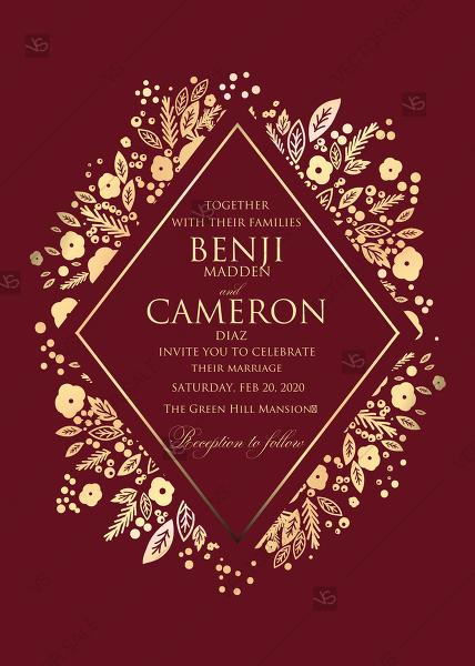 Wedding - Gold foil pressed wedding invitation navy maroon marsala red background invitation maker