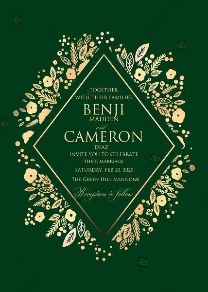 Свадьба - Gold foil pressed wedding invitation navy emerald green background invitation editor