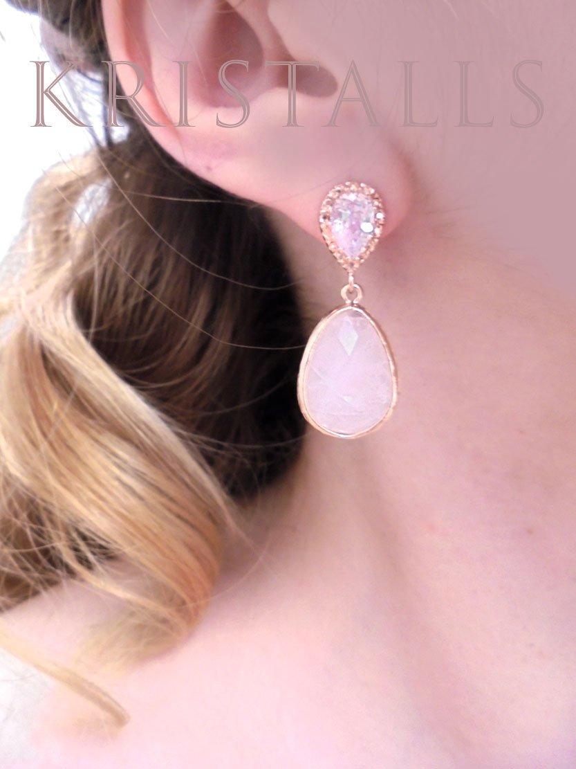 Mariage - Wedding Earrings Bridal Jewelry Zircon Diamond Earrings Rose Quartz