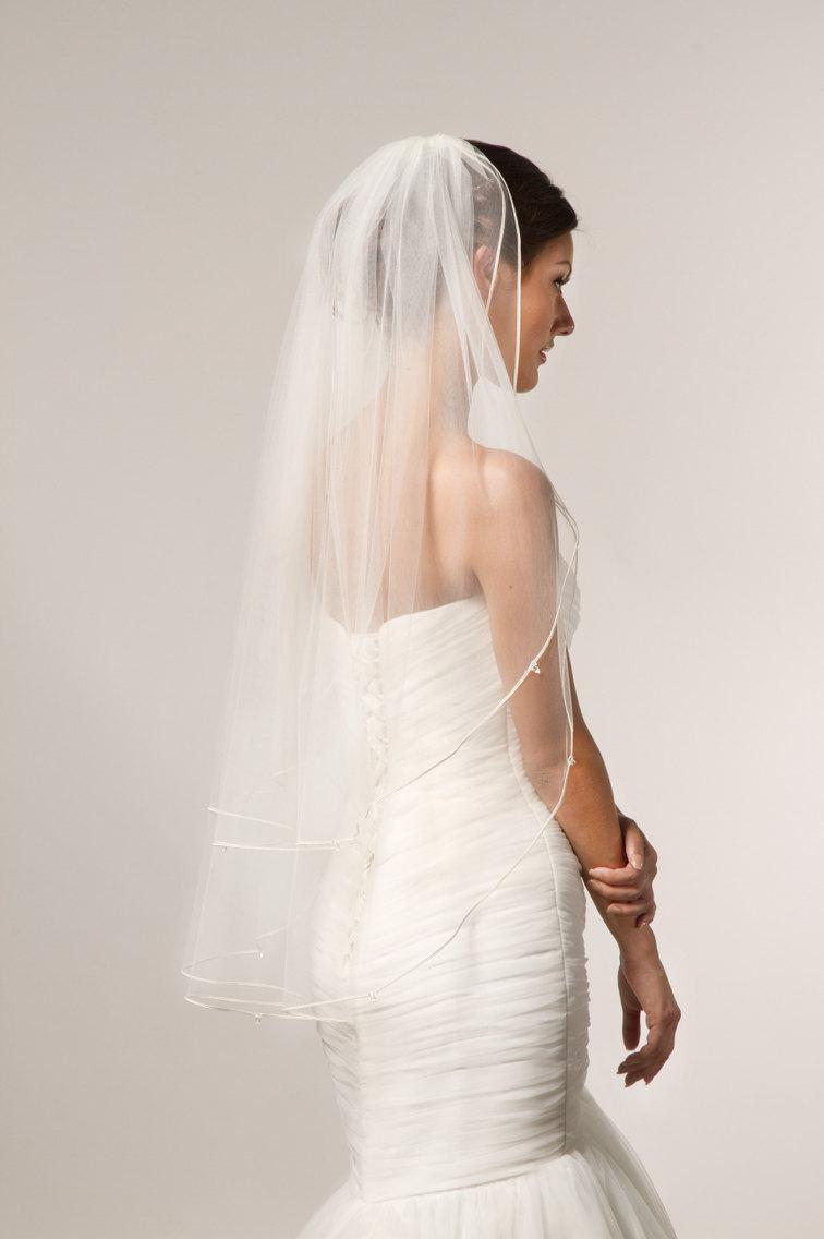 Hochzeit - Finger Tip Veil, Soutache trim, Swarvoski Crystals, double tier with blusher, ivory veil. Style #207