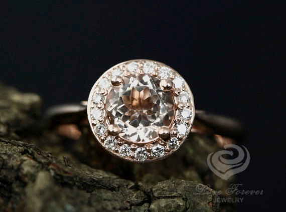 Wedding - Ena 6mm/0.80 Carats Round Cut Morganite 14k Rose Gold Diamond Halo Engagement Ring Anniversary Ring (Bridal Wedding Set Available)