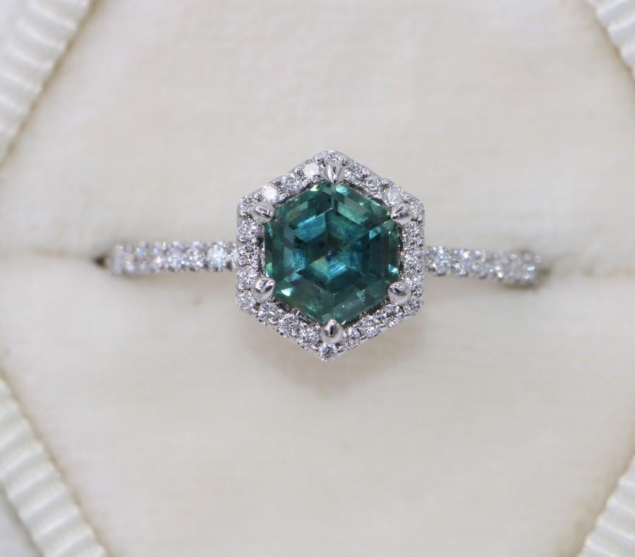 Wedding - Teal Hexagon Sapphire Ring, Blue Green Montana Sapphire Ring, Hexagon Engagement Ring, Mermaid Hexagon Sapphire Ring, Peacock Sapphire Ring