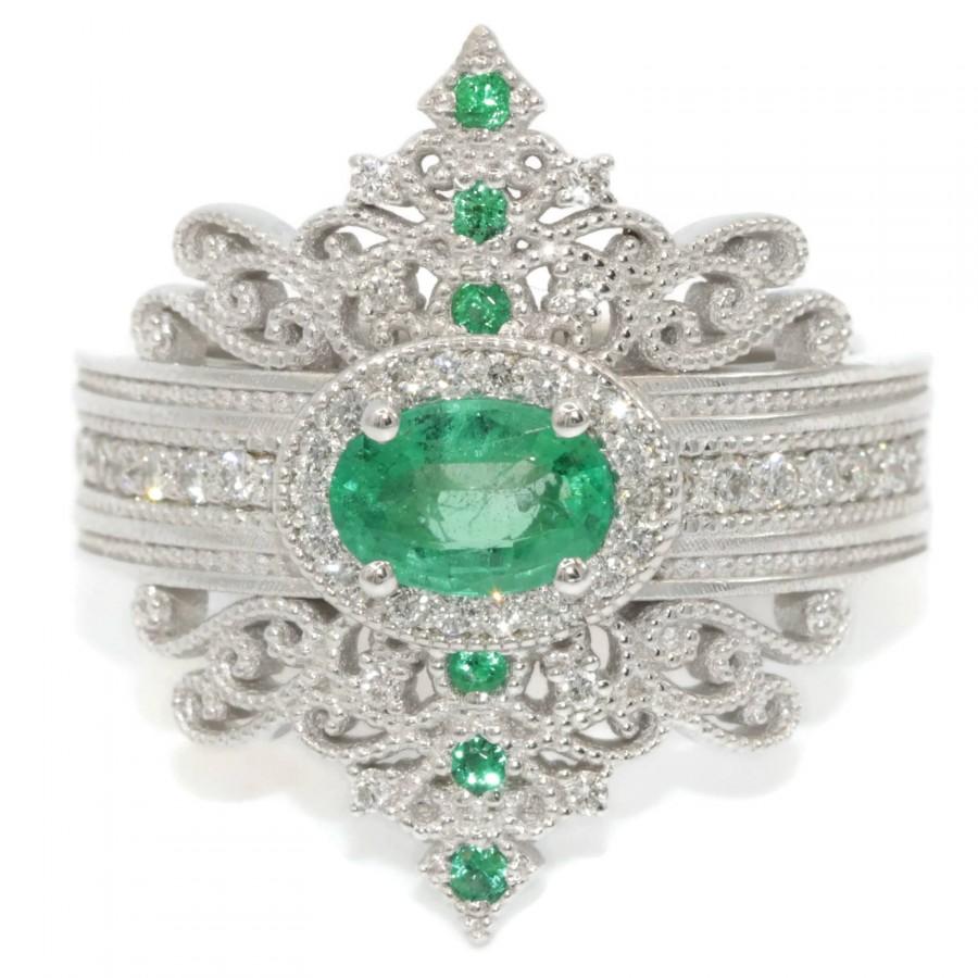 Hochzeit - Emerald Edwardian Engagement Rings Set, Victorian Style Emerald Diadem Tiara Engagement and Wedding 3 Rings Set, Alternative Princess Rings