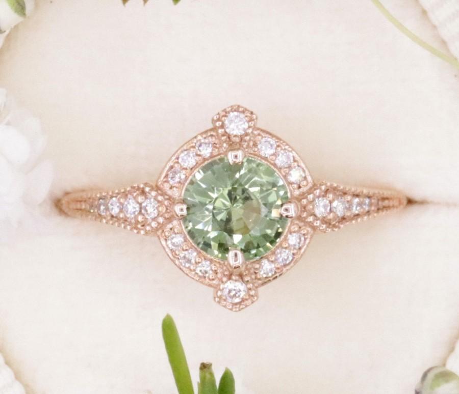 Hochzeit - Green Sapphire Edwardian Engagement Ring by Irina, Dainty Extra Comfortable Rose Gold Vintage Style Ring, Mill grain round sapphire ring