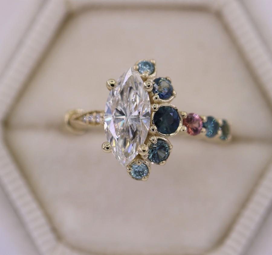 Wedding - Custom Marquise Diamond Cluster Ombre Ring, Multi Stone Ring, 1 carat Diamond Crescent Ring, Colorful One Of A Kind Unique Engagement Ring