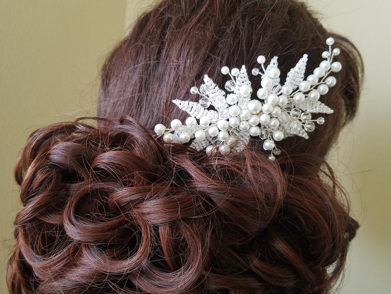 Wedding - Bridal Hair Comb, White Pearl Silver Headpiece, Wedding Pearl Leaf Hair Piece, Pearl Hair Jewelry, Bridal Hair Piece Floral Bridal Headpiece