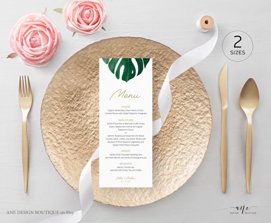 Wedding - Monstera Wedding Menu Program Template, Tropical Printable Dinner Menu Bridal Shower, Monstera Leaf Watercolor, 100% Editable, Download 003