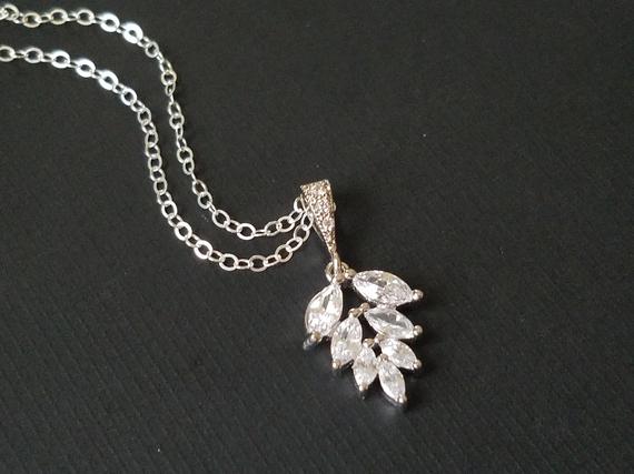 زفاف - Dainty CZ Bridal Necklace, Leaf Cluster Crystal Necklace, Wedding Leaf Silver Pendant, Marquise Leaf Charm Necklace, Bridal Leaf Jewelry