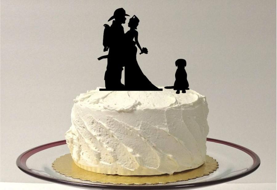 Firefighter Mr mrs wedding cake topper with dog,fireman wedding dog cake topper,firefighter bride dog topper,firefighter wedding topper,0254