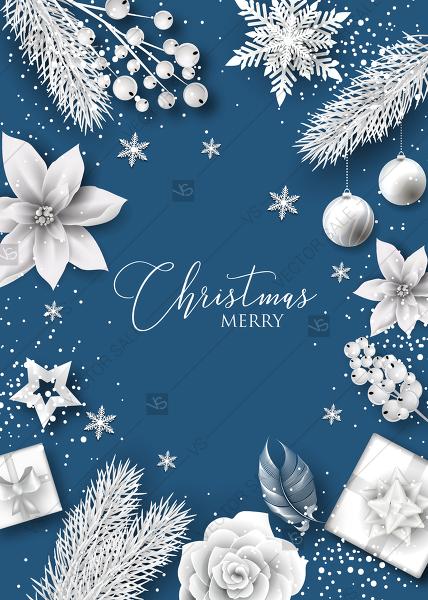 Wedding - Merry Christmas invitation card freeze white winter paper cut elements snowflake fir poinsettia flower gift box PDF 5x7 in invitation maker