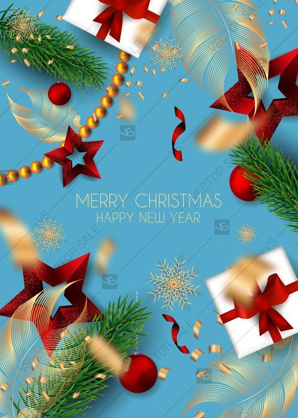 Свадьба - Christmas Invitation Greeting Card fir gold feather gift box snowflake pearl balls confetti star invitation editor