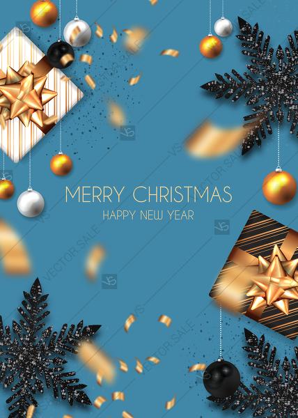 Свадьба - Christmas Party Invitation blue black gold gift box snowflake balls glitter gold confetti