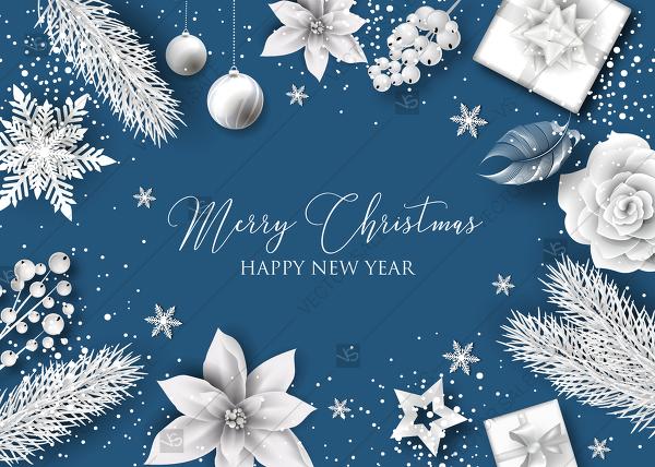 زفاف - Merry Christmas invitation card freeze white winter paper cut elements snowflake fir poinsettia flower gift box PDF 7x5 in