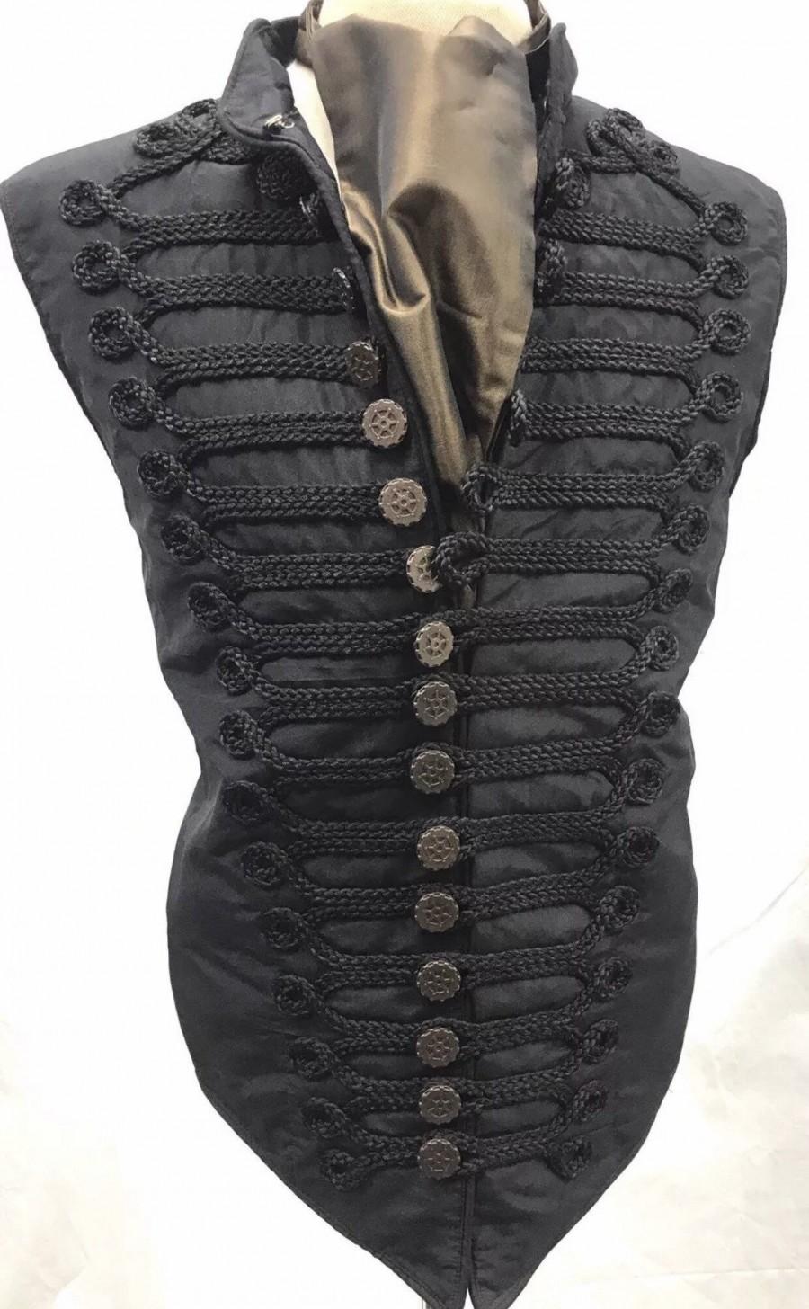 زفاف - Steampunk Black Waistcoat with black Braiding and cogs gear copper buttons with self tie brown silk Cravat in size XL 44"