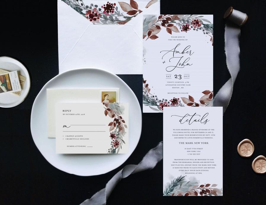 Mariage - Printable Winter Wedding Invitation Template Suite Instant Download twigs berries Watercolor winter wreath Editable Invites Winter Foliage