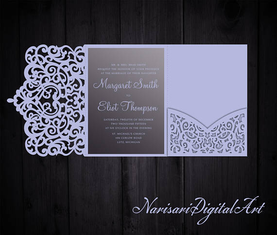 Wedding - Tri-Fold Ornamental 5x7 Wedding Invitation Pocket Envelope SVG Template, Quinceanera invite, laser cut file, Silhouette Cameo, Cricut