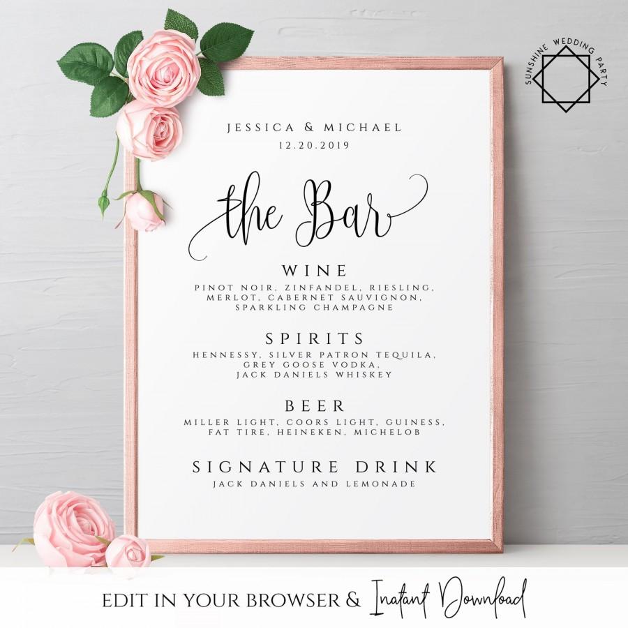 Hochzeit - Bar Menu Sign Printable Bar Menu Sign Template Wedding Bar Menu Sign Drinks Menu Sign DIY Wedding Drinks Menu Bar Menu Template Editable R1