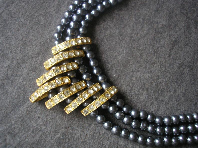 Wedding - Vintage Black Pearl Necklace, Three Strand Pearls, Triple Row Pearls, Downton Abbey, Art Deco Style, Pearl And Rhinestone, Great Gatsby