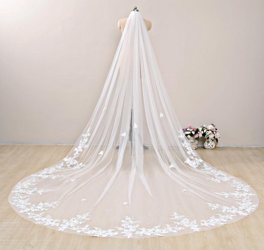 زفاف - Vintage Flowery Wedding Veil, Floral Cathedral Veil,Floral Lace Cathedral Length Veil,Flowery Chapel Wedding Veil,Lace Chapel Length Veil