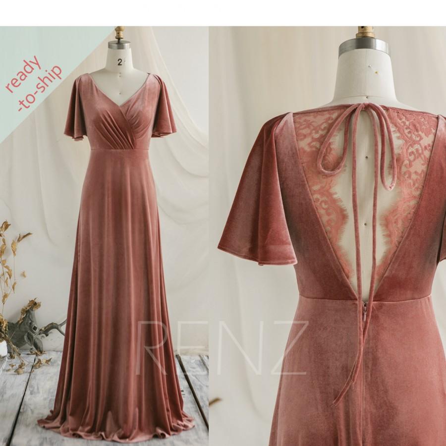 Mariage - Velvet Dress English Rose Velvet Bridesmaid Dress Long V Neck Flare Sleeves Lace Back Prom Dress (Ready-to-Ship) - HV762