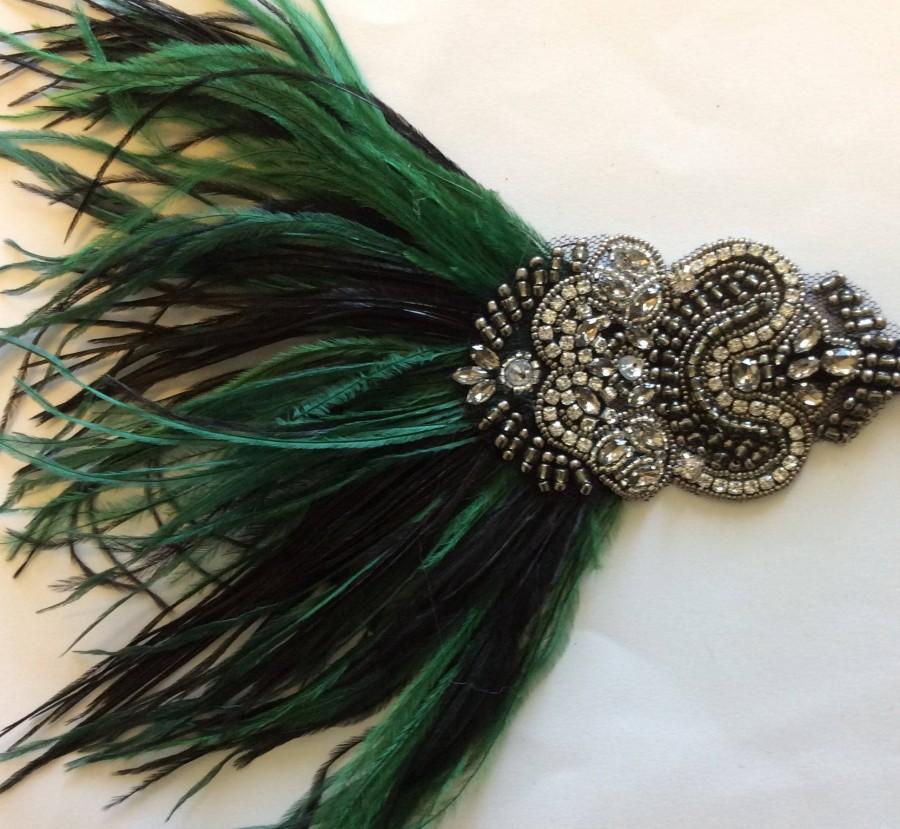 Mariage - Green 1920s headband, green great gatsby headband, Hunter green feather fascinator, dark green flapper headdress, ostrich green Art Deco