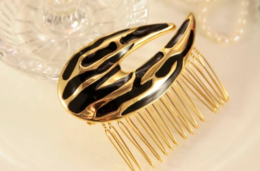 Hochzeit - Black Vintage Hair Comb, Gold Hair Comb, Bridal Hair Comb, Gothic Wedding, Goth Bride Headpiece, Vintage Headpiece for Bride, Vintage Comb