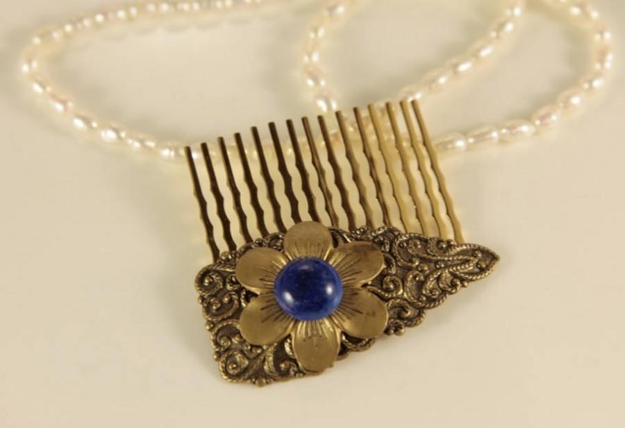 Wedding - Bronze Hair Comb Lapis Lazuli Head Comb Blue Flower Headpiece Wedding Head Clip Etched Hair Comb Antique Hair Accessory Floral Head Comb