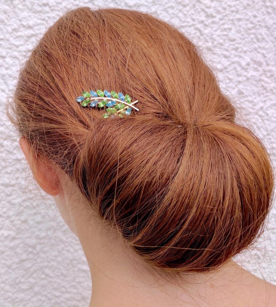 زفاف - Vintage OOAK Pastel Blue Mint Green Rhinestone Bridal Hair Comb Elf Princess Wedding Gold Leaf Hairpiece Romantic Headpiece Blush Rustic