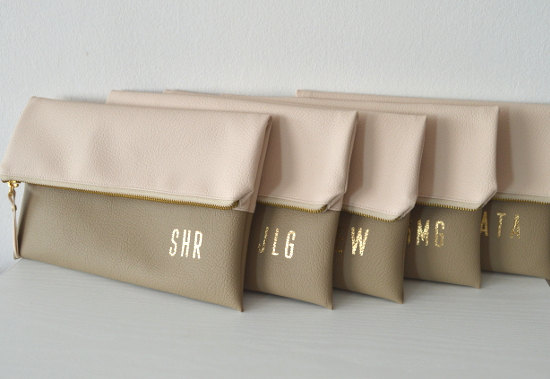 Wedding - Set of 5 Monogrammed Clutches / Bridesmaids Gift / Gold Initials Imprinted Clutch Purses