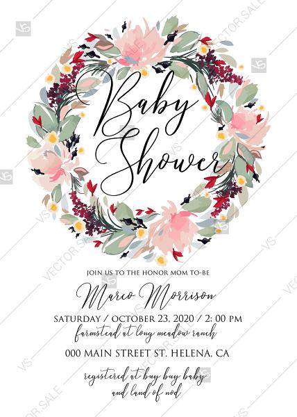Wedding - Watercolor wreath garden flower Baby Shower Invitation editable template card PDF 5x7 in