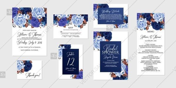 Hochzeit - Navy vlue rose peony Wedding invitation set printable card template vector floral illustration
