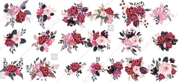 زفاف - Marsala Rose clipart floral vector bouquet red flower and greenery anniversary invitation