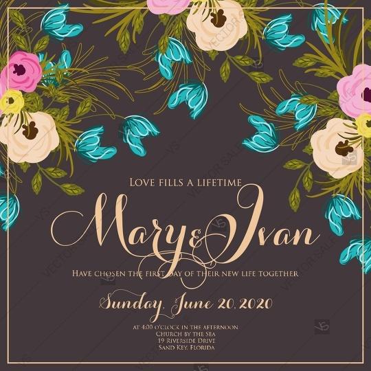 Mariage - Retro rose spring floral, flowers, laurels wedding invitation card vector template