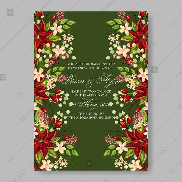 Wedding - Christmas party invitation with holiday wreath of poinsettia, needle, holly thank you card
